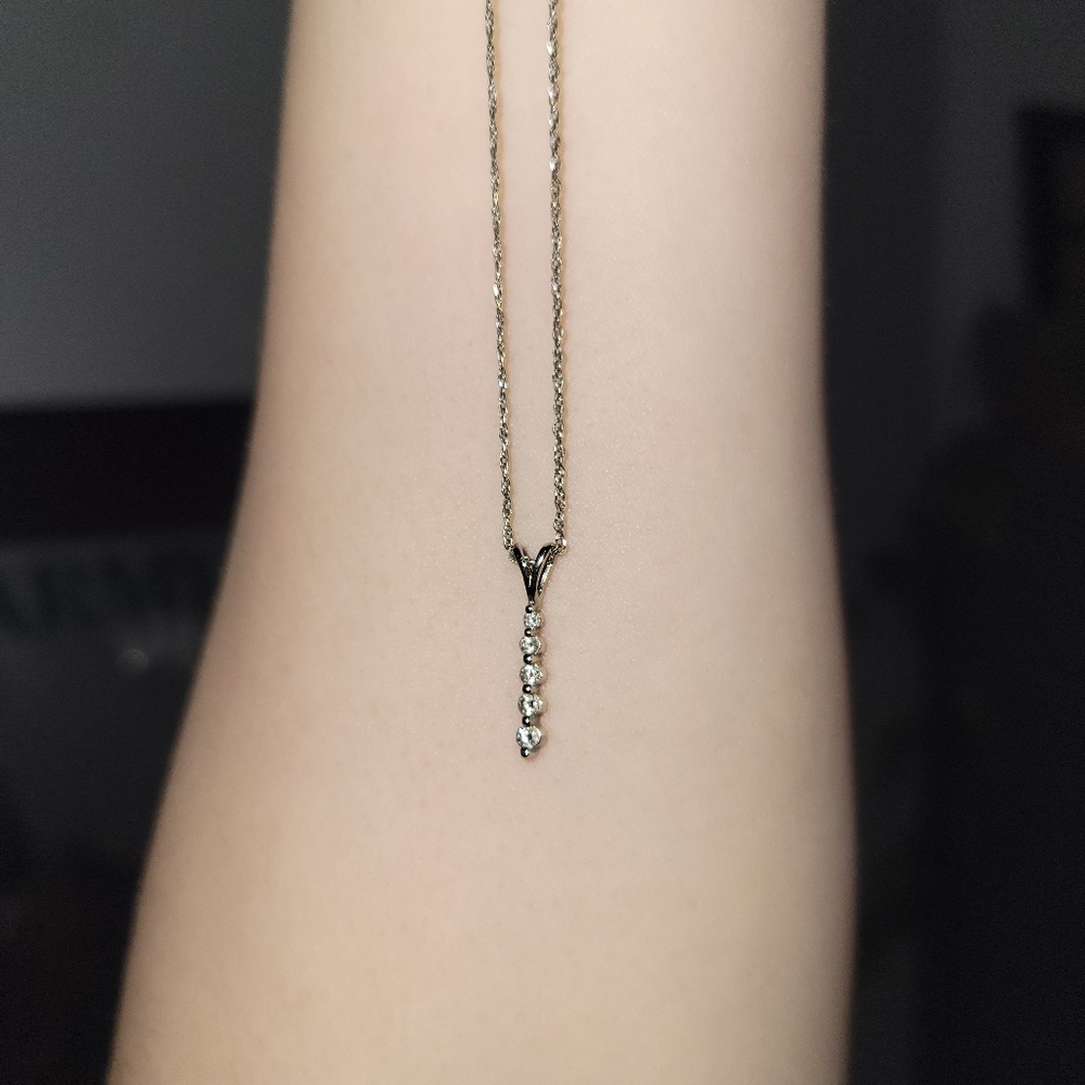 14k White gold diamond 5 tier drop stone pendant necklace.